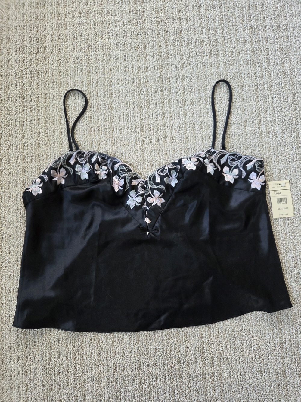 Vintage Delicates Black Satin Like Floral-Trim Cami Top